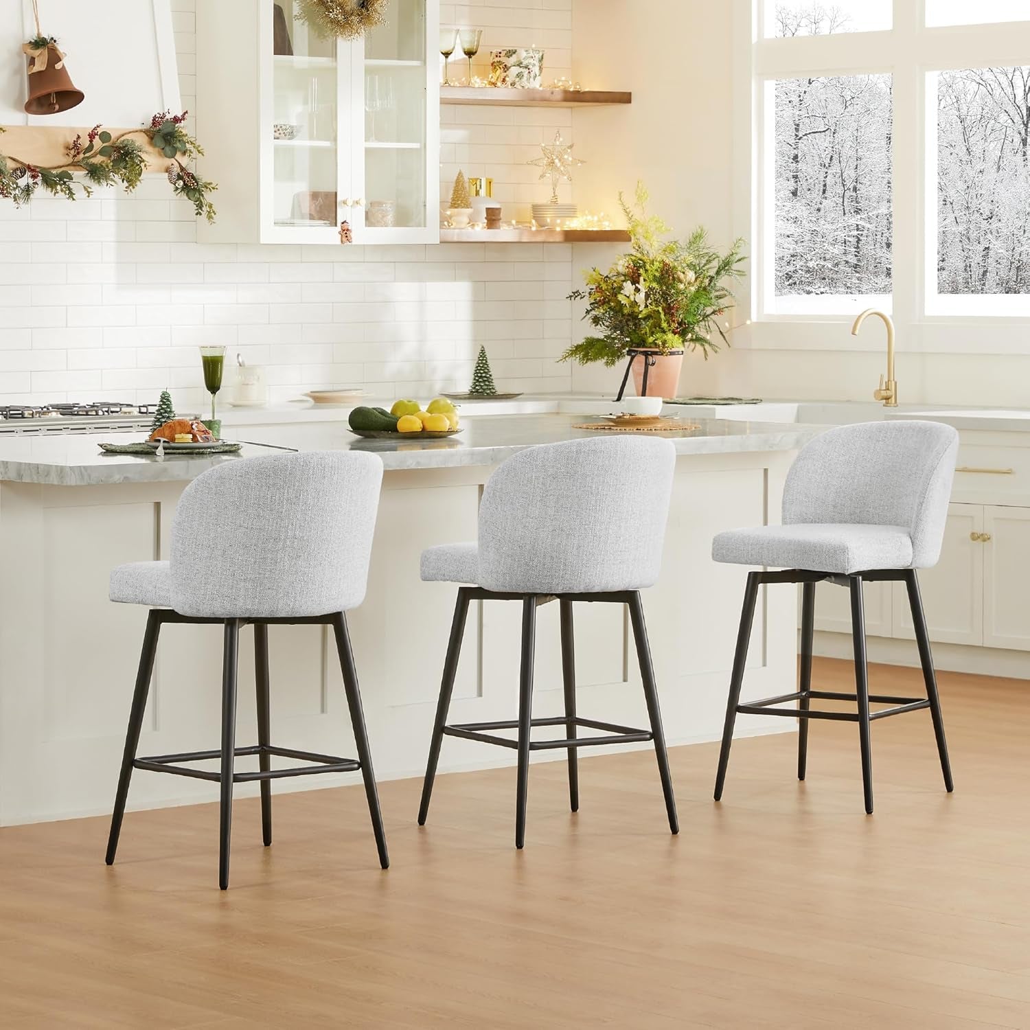 Counter Height Bar Stools Set of 3, 360° Swivel Upholstered Barstools with Backs and Metal Legs, 26" H Seat Height, Fabric in White (Multi-Colored)-2