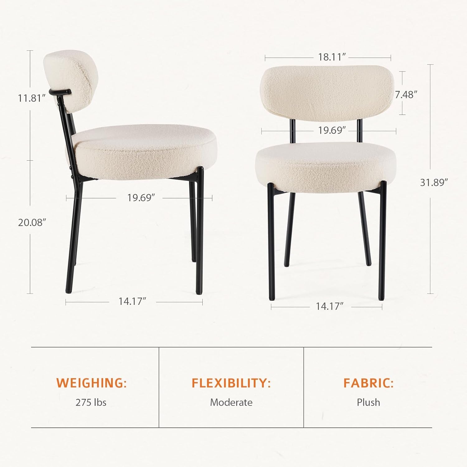 Dining Chairs Set of 4, Boucle Upholstered Kitchen Chairs with Curved Backrest & Metal Legs, Mid Century Modern round Dining Room Chairs for Vanity, Living Room - Beige-2