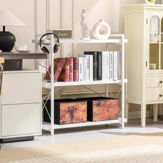 Bookshelf, 3-Tier Industrial Bookcase, White Open Book Shelf, Freestanding Horizontal Bookshelves with Metal Frame-1