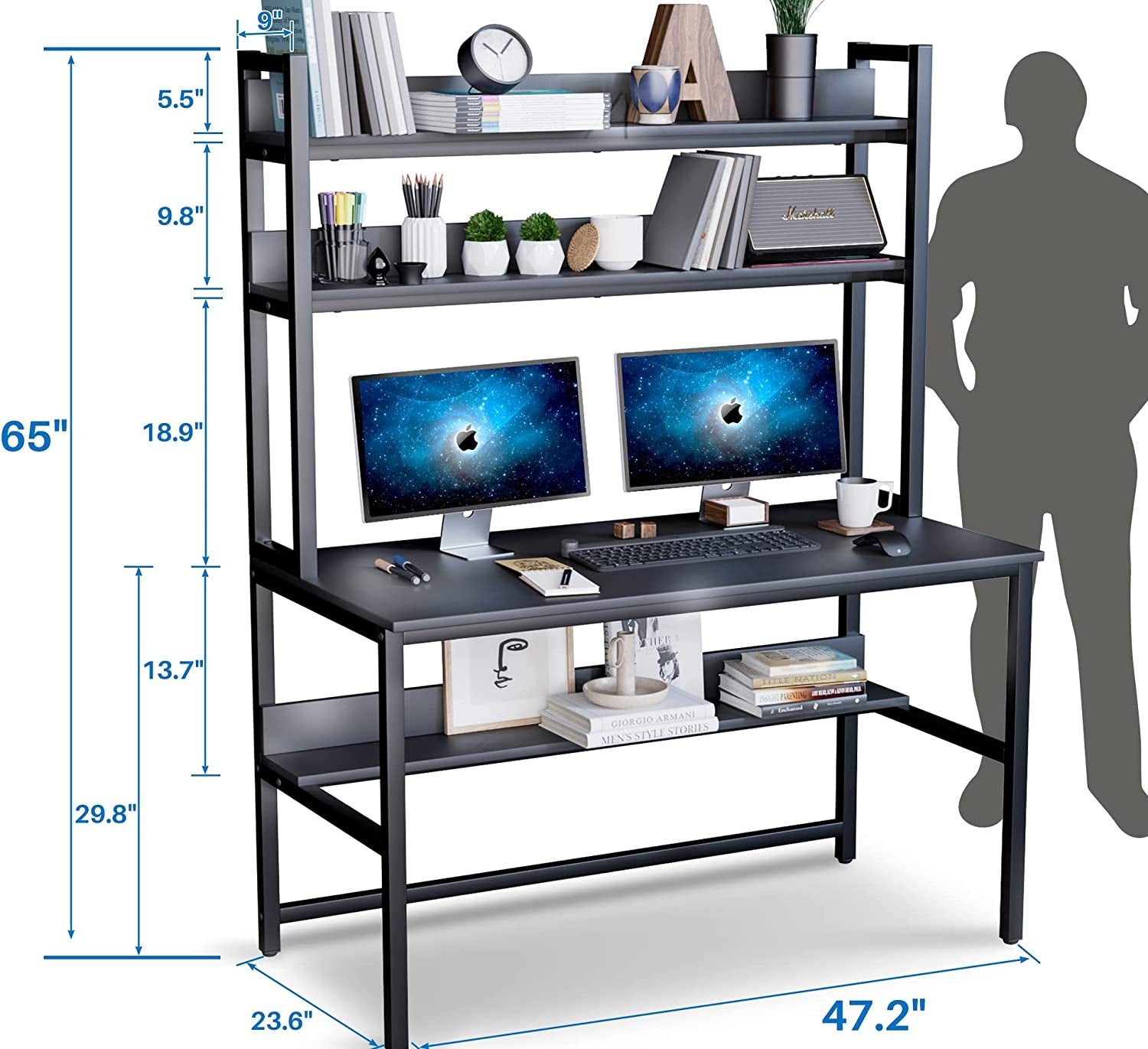 Black Computer Desk with Hutch and Bookshelf-4