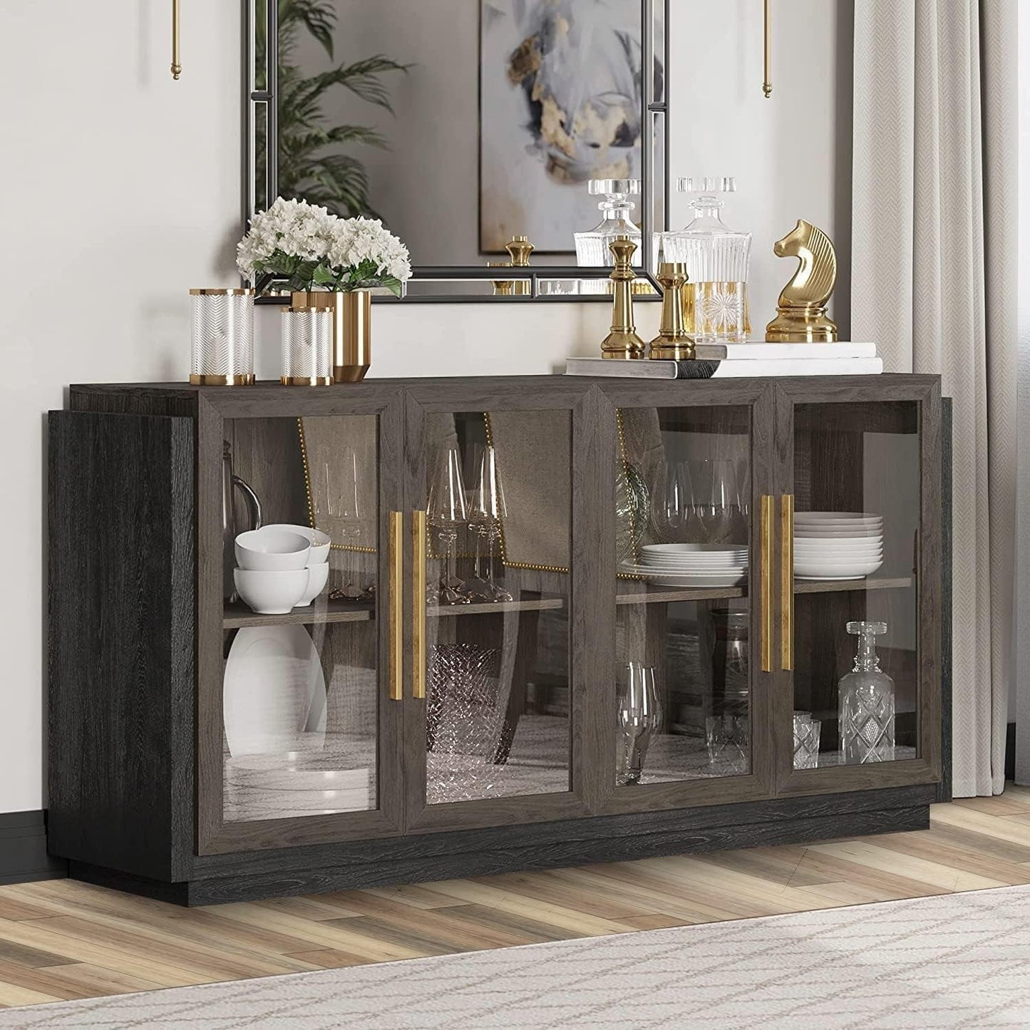 Sideboard Buffet Cabinet, Modern Wood Glass-Buffet-Sideboard with Storage, Console Table for Kitchen, Dining Room, Living Room, Hallway, or Entrance - Brixston (Brown)-3
