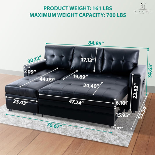 L-Shaped Sectional Sleeper Sofa with USB Ports - Convertible Pull-Out Bed, Ample Storage, Timeless Design, Durable Construction, Black/Air Leather-1