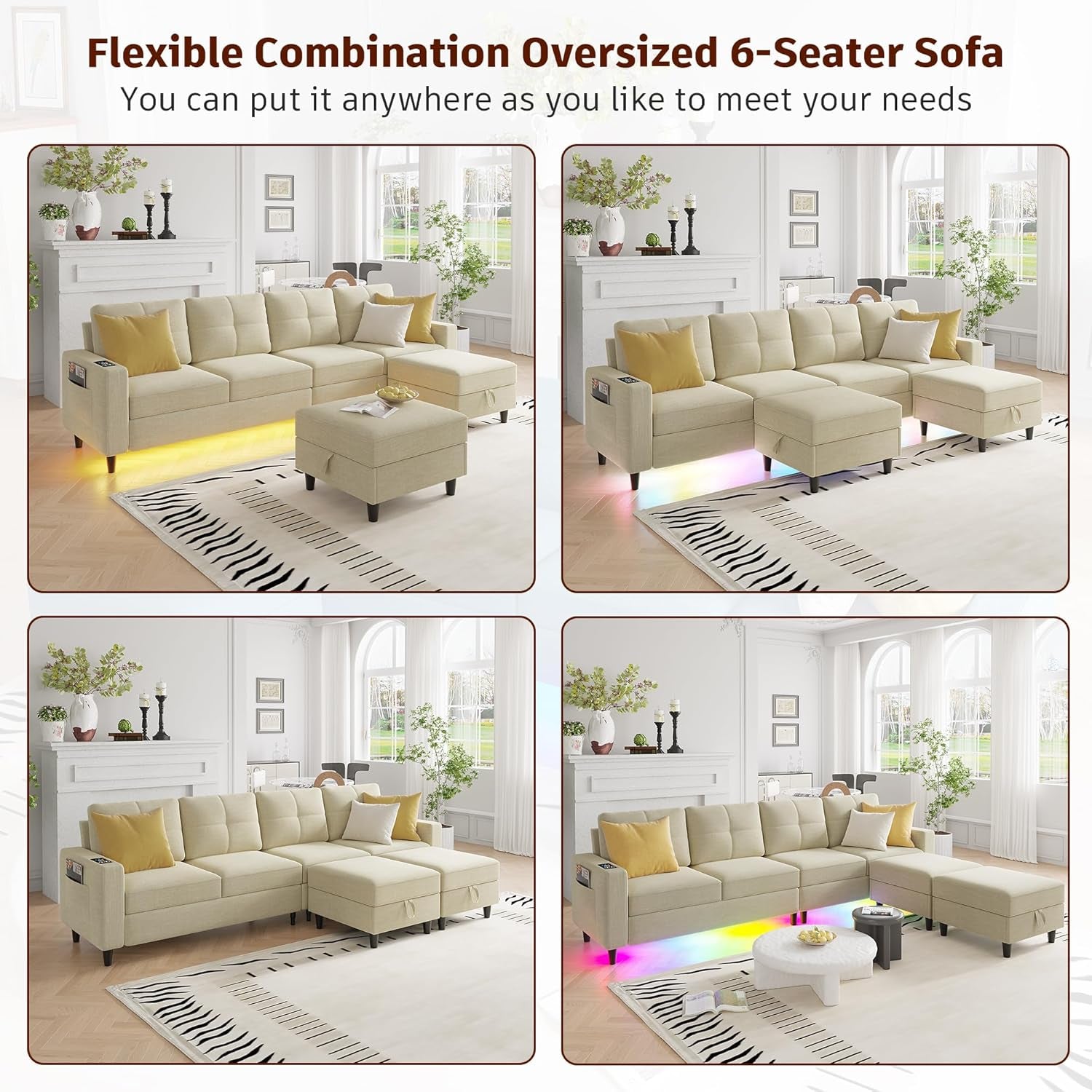 LED Sectional Couches for Living Room, Modular Sectional Sofa Set with Storage Ottomans, Oversized U Shaped Sofa Couch with Auto Sensor RGB Lights and Charging Station (Beige)-4