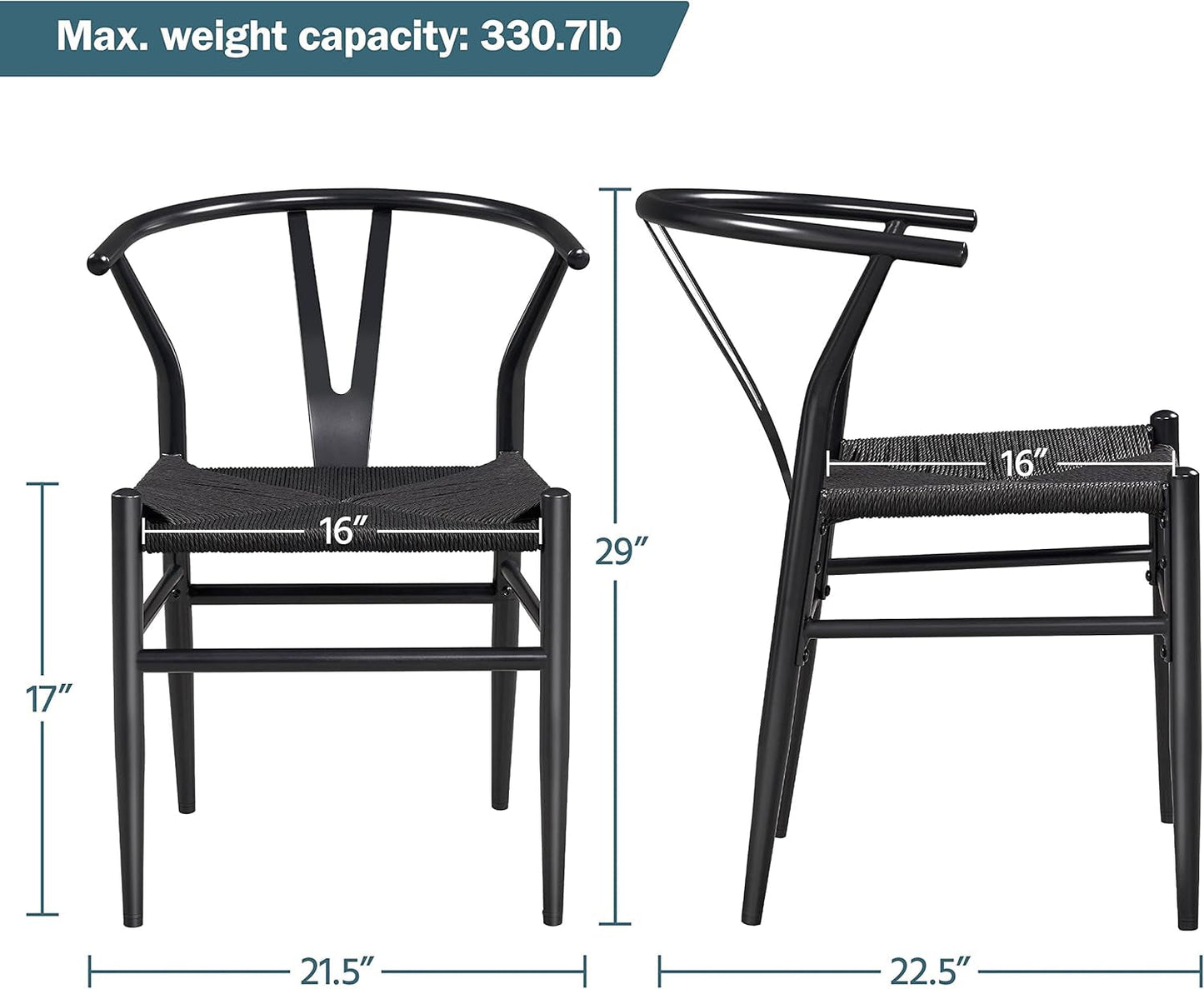 Weave Arm Chair Set of 2 Weave Modern Chair with Y-Shaped Backrest Mid-Century Metal Dining Chair with Solid Metal Frame, (Full Black, Large)-2