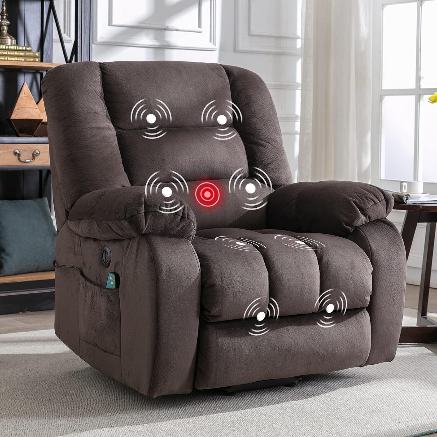 Big Power Lift Recliner Chair Wide Electric Massage Recliners for Elderly Fabric Living Room Overstuffed Reclining Chair for Adults with Heated Vibration, USB Ports, Massage Remote Control Brown-0