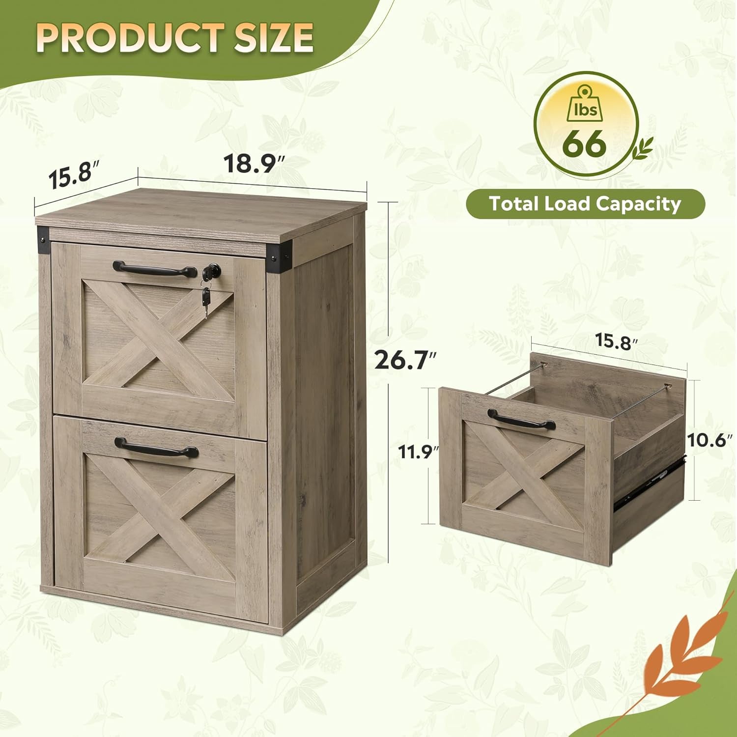 2 Drawer File Cabinet with Lock, Wood Farmhouse Filing Cabinet for Home Office, Printer Stand Fits Letter and A4 Size, Gray Oak-2