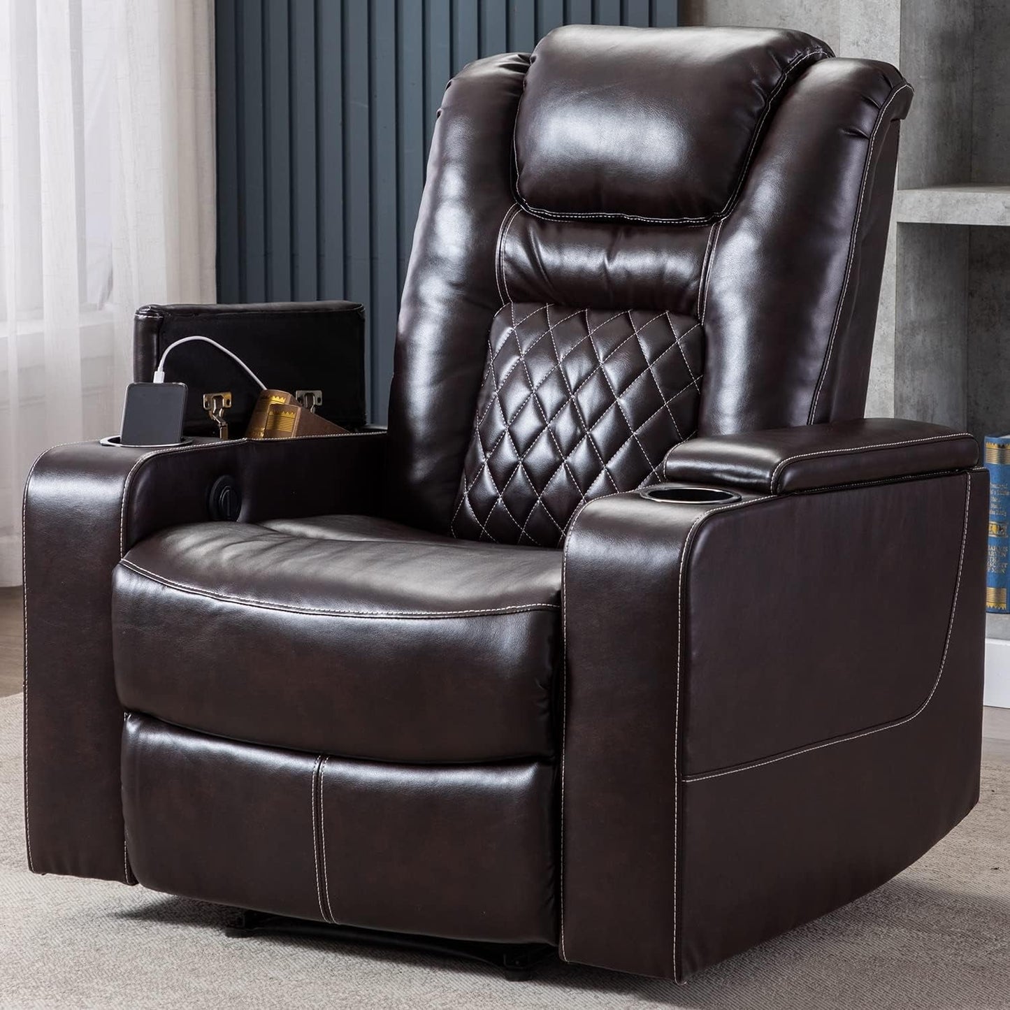 Electric Power Recliner Chair with USB Ports and Cup Holders, Breathable Leather Home Theater Seating with Hidden Arm Storage (Brown)-0