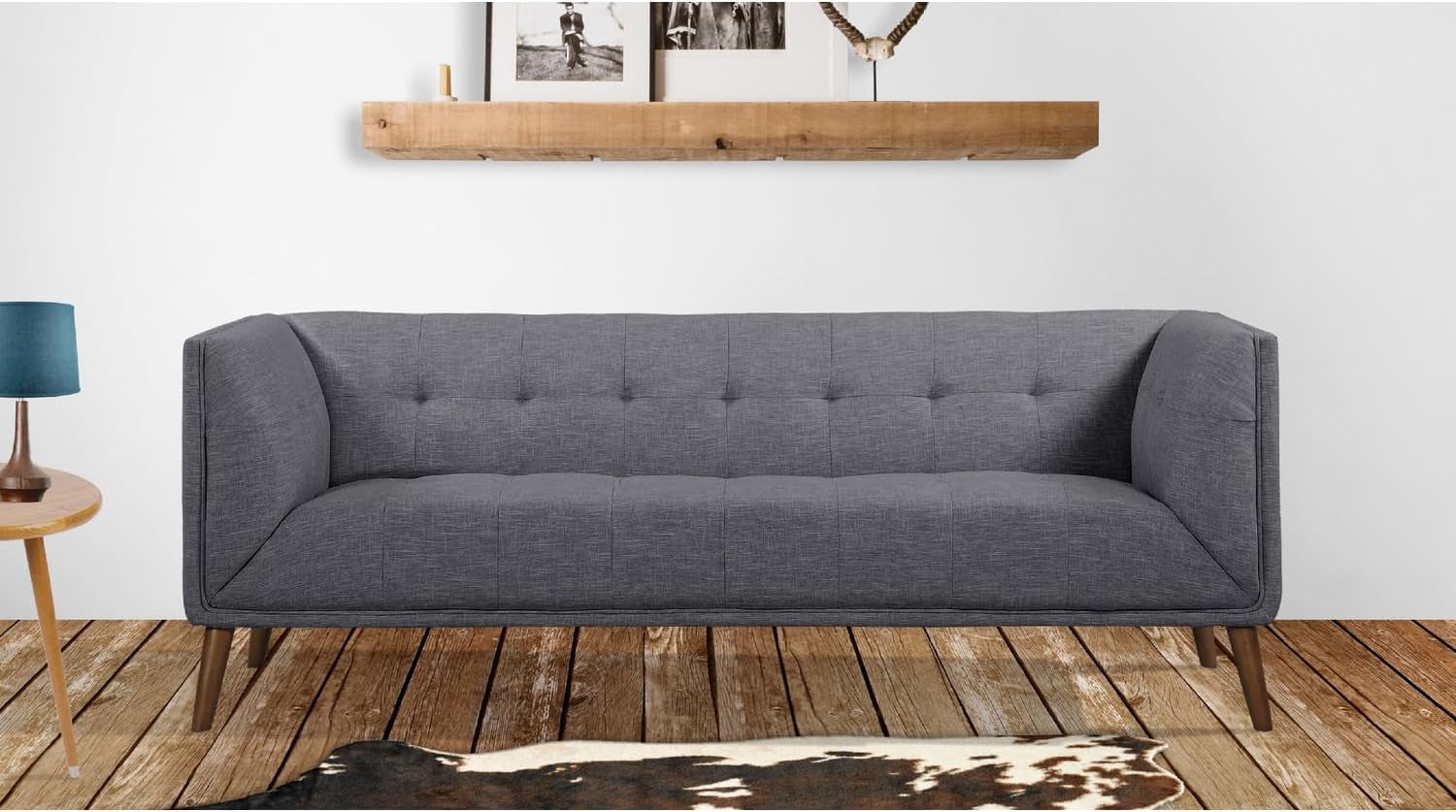 Dark Grey Linen Sofa Walnut Wood Legs, Modern Style-0
