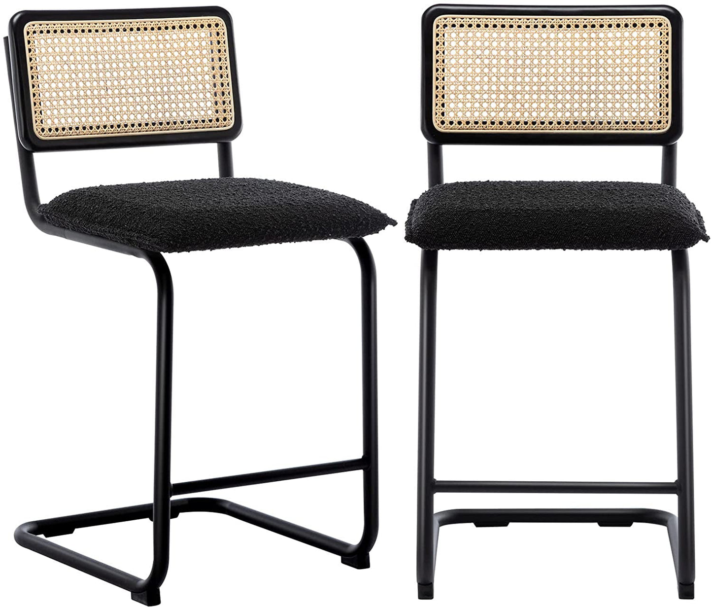 Black Boucle Rattan Counter Stool Set of 2 with Cane Backrest-0