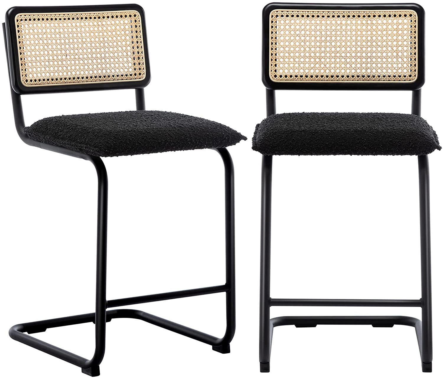 Black Boucle Rattan Counter Stool Set of 2 with Cane Backrest-0