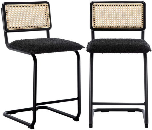 Black Boucle Rattan Counter Stool Set of 2 with Cane Backrest-0