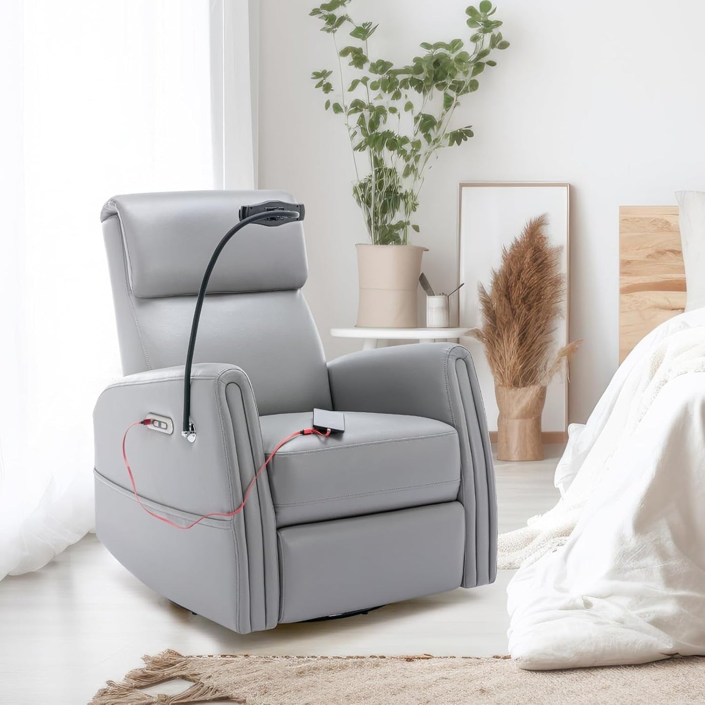 Power Recliner Chair Swivel Glider Rocker for Nursery, Upholstered Faux Leather Living Room Rocking Reclining Single Sofa Chair with 2 Device Holders, Grey-4