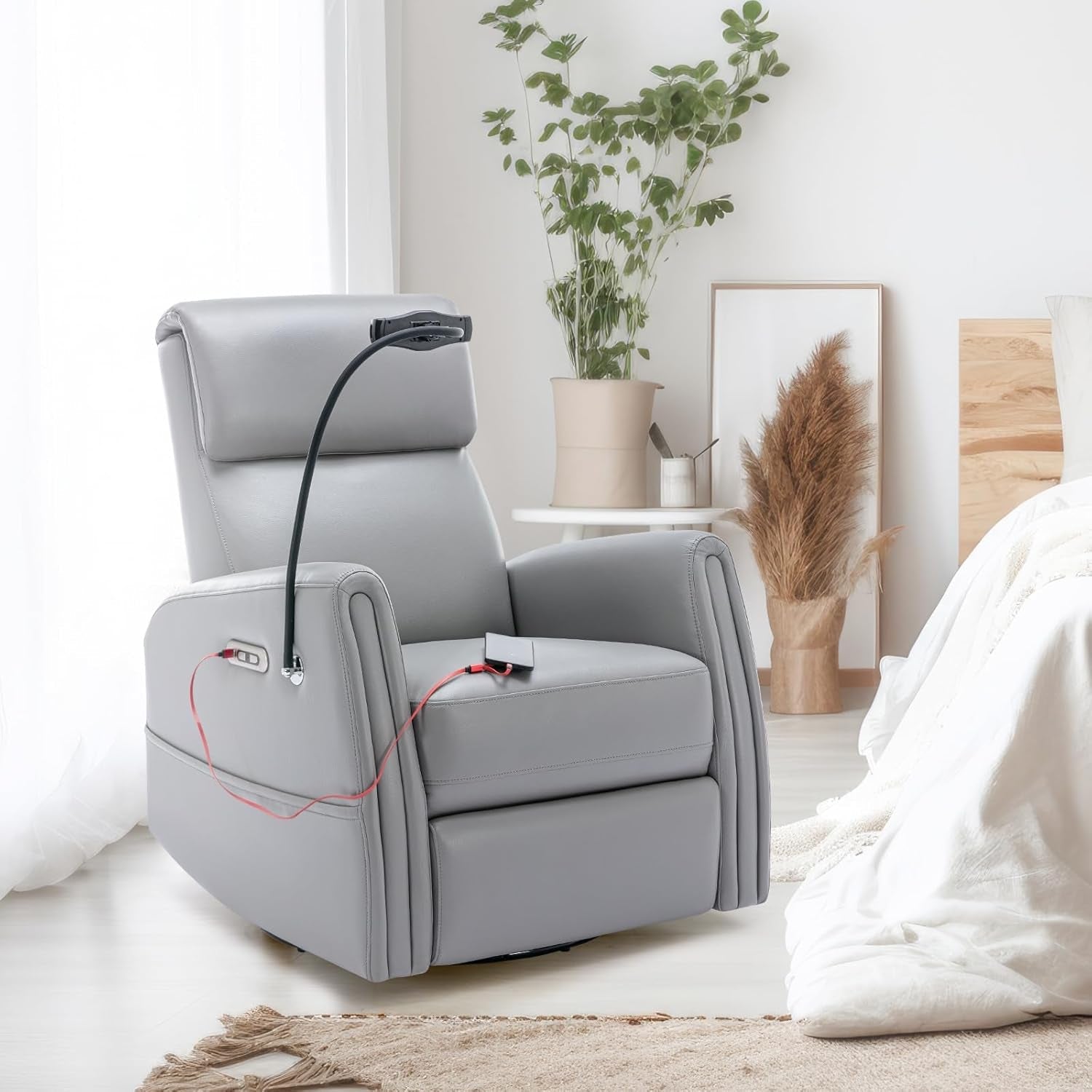Power Recliner Chair Swivel Glider Rocker for Nursery, Upholstered Faux Leather Living Room Rocking Reclining Single Sofa Chair with 2 Device Holders, Grey-4