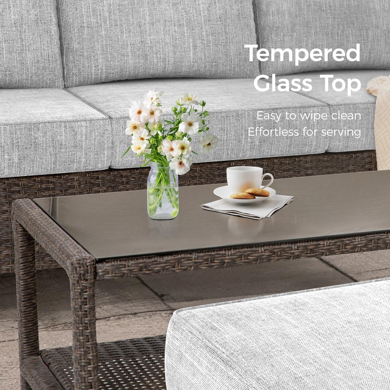 Outdoor Patio Furniture Set, 4 Piece Outdoor Rattan Sofa Set, All Weather Wicker Conversation Set with Coffee Table for Porch Backyard Garden, Grey-1