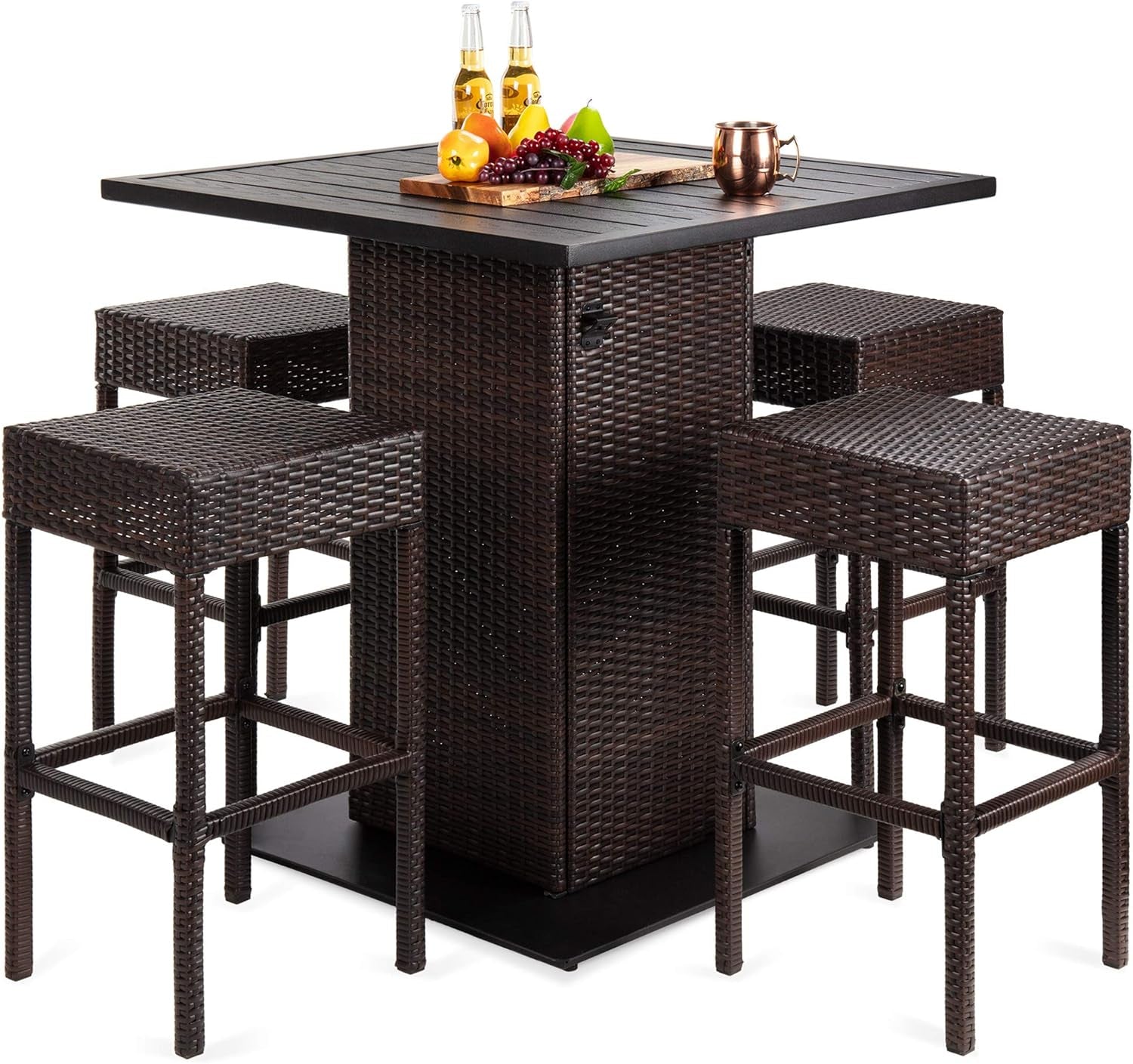 5-Piece Outdoor Wicker Bar Table Set for Patio, Poolside, Backyard W/Built-In Bottle Opener, Hidden Storage Shelf, Metal Tabletop, 4 Stools - Brown-0