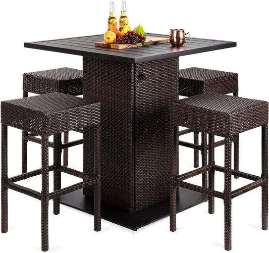 5-Piece Outdoor Wicker Bar Table Set for Patio, Poolside, Backyard W/Built-In Bottle Opener, Hidden Storage Shelf, Metal Tabletop, 4 Stools - Brown-0