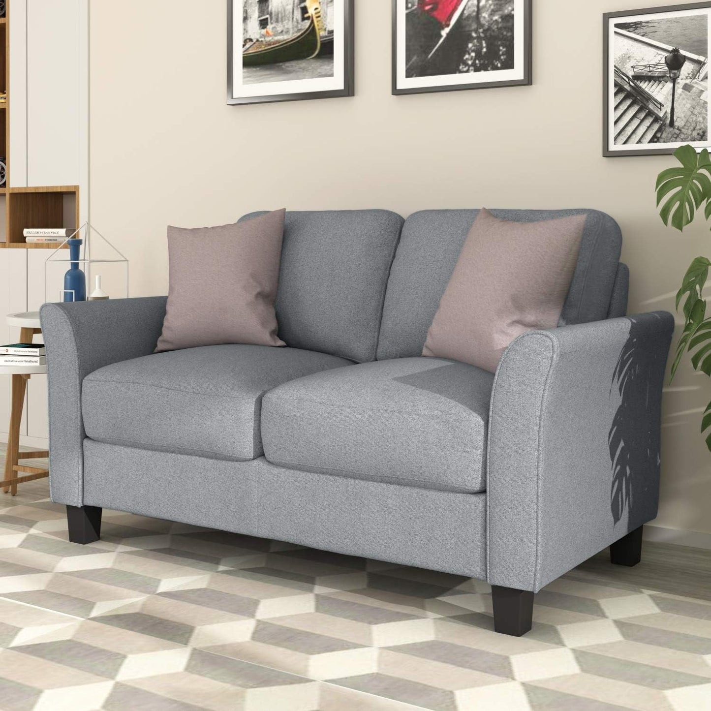 2-Piece Linen Fabric Upholstered Living Room Furniture Set, Including 3-Seater Sofa and Loveseat Sofa with Seat and Back Cushions, Grey-2