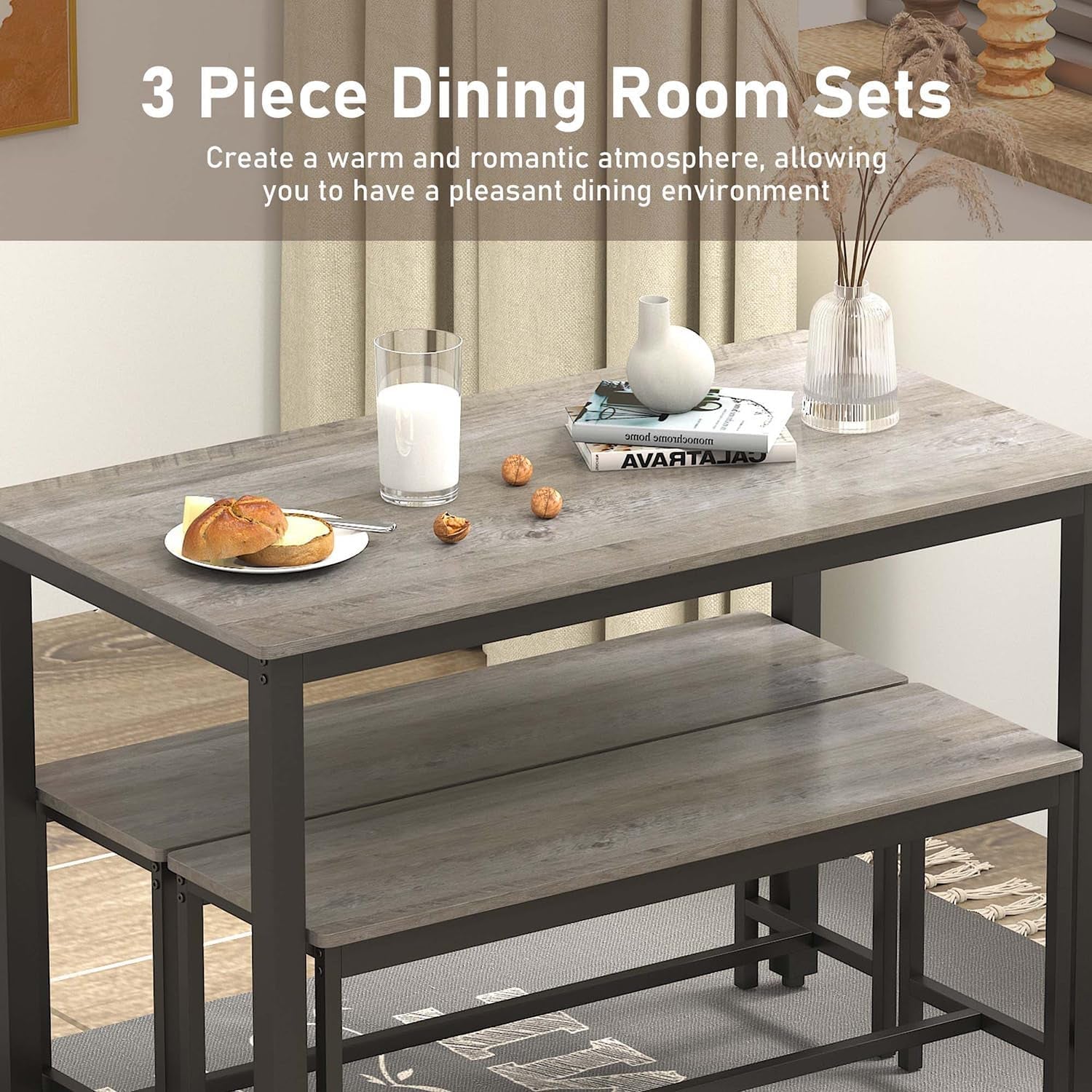 Dining Table Set for 4, Kitchen Room Table Set with 2 Benches, 3-Piece Dining Chairs Set for Breakfast Nook, Grey-2