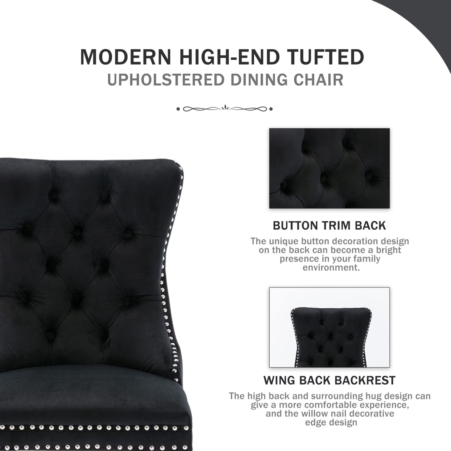 Black Velvet Ring Pull Trimmed Dining Chairs Set of 6-1