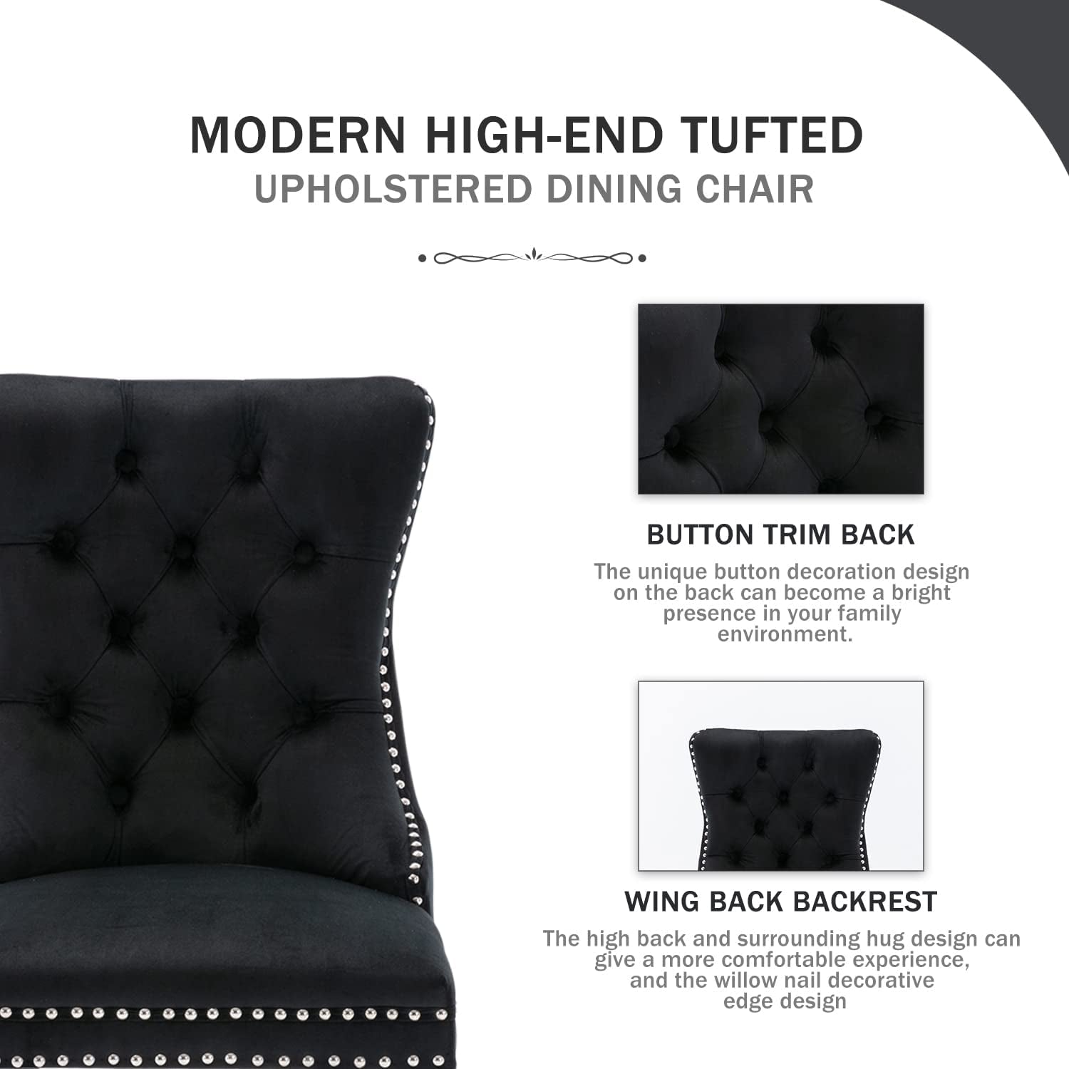 Black Velvet Ring Pull Trimmed Dining Chairs Set of 6-1
