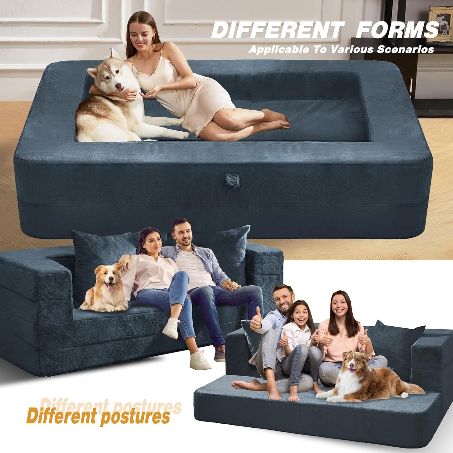 Blue Gray Large 3-in-1 Folding Bean Bag Couch-4