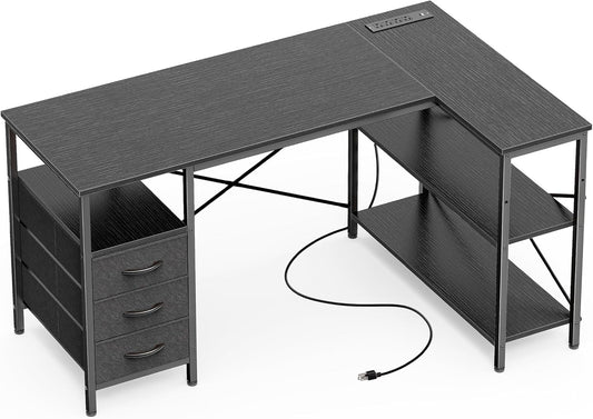 L Shaped Desk with Power Outlets, Computer Desk with 3 Drawers, 47 Inch Office Desk with Shelves, Gaming Desk, Corner Desk Work Desk for Home Office, Study, Black-0