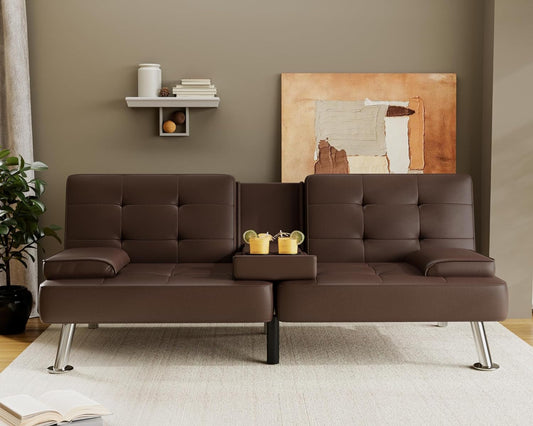 Futon Sofa Bed Modern Folding Futon Set Convertible Recliner Lounge for Living Room with 2 Cup Holders, Removable Armrests (PU Leather, Brown)-0