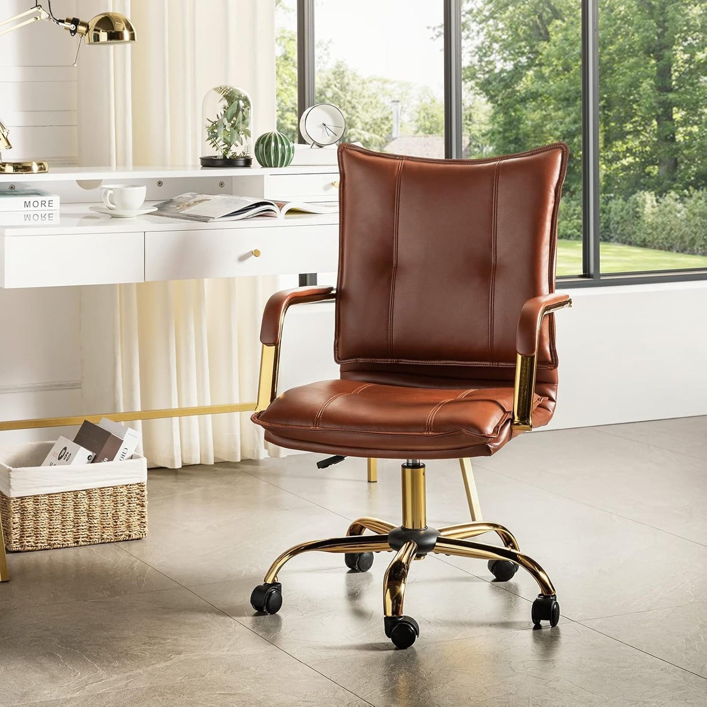 Faux Leather Home Office Desk Chair, Adjustable Swivel Computer Chair with Golden Legs and Arms, Comfy Upholstered Task Chair, Brown-0