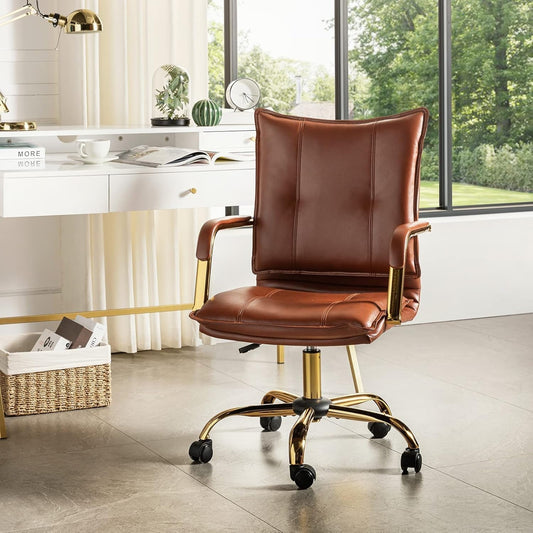 Faux Leather Home Office Desk Chair, Adjustable Swivel Computer Chair with Golden Legs and Arms, Comfy Upholstered Task Chair, Brown-0