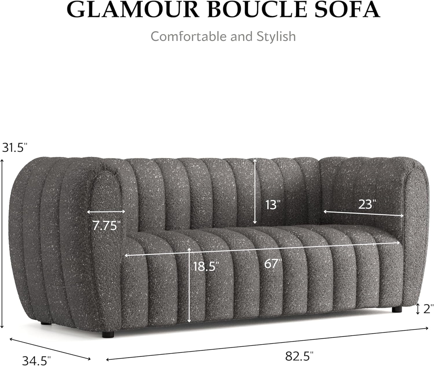 Glamour Contemporary Vertical Channel Tufted Boucle 3-Piece Sofa Set with Wooden Legs for Living Room, Home Office, Bedroom, Charcoal Gray-4