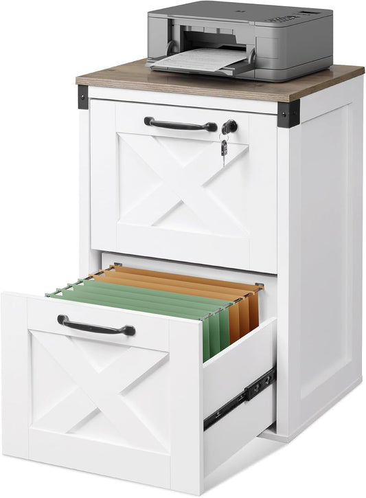 2 Drawer File Cabinet with Lock, Wood Farmhouse Filing Cabinet for Home Office, Printer Stand Fits Letter and A4 Size, White-0