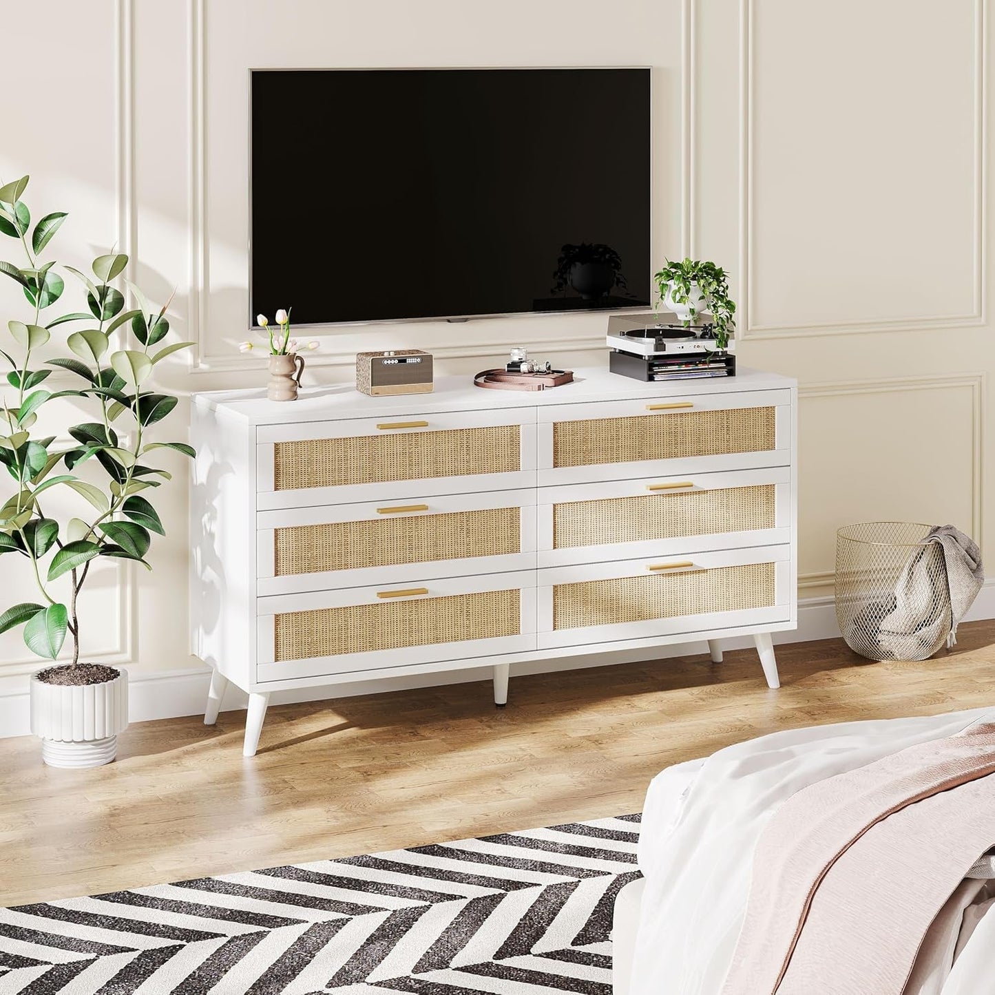 6 Drawer Double Dresser for Bedroom, Rattan Chest of Dressers, Modern Wooden Dresser Chest with Golden Handles, beside Table for Closet, Living Room and Entryway, White and Natural-2