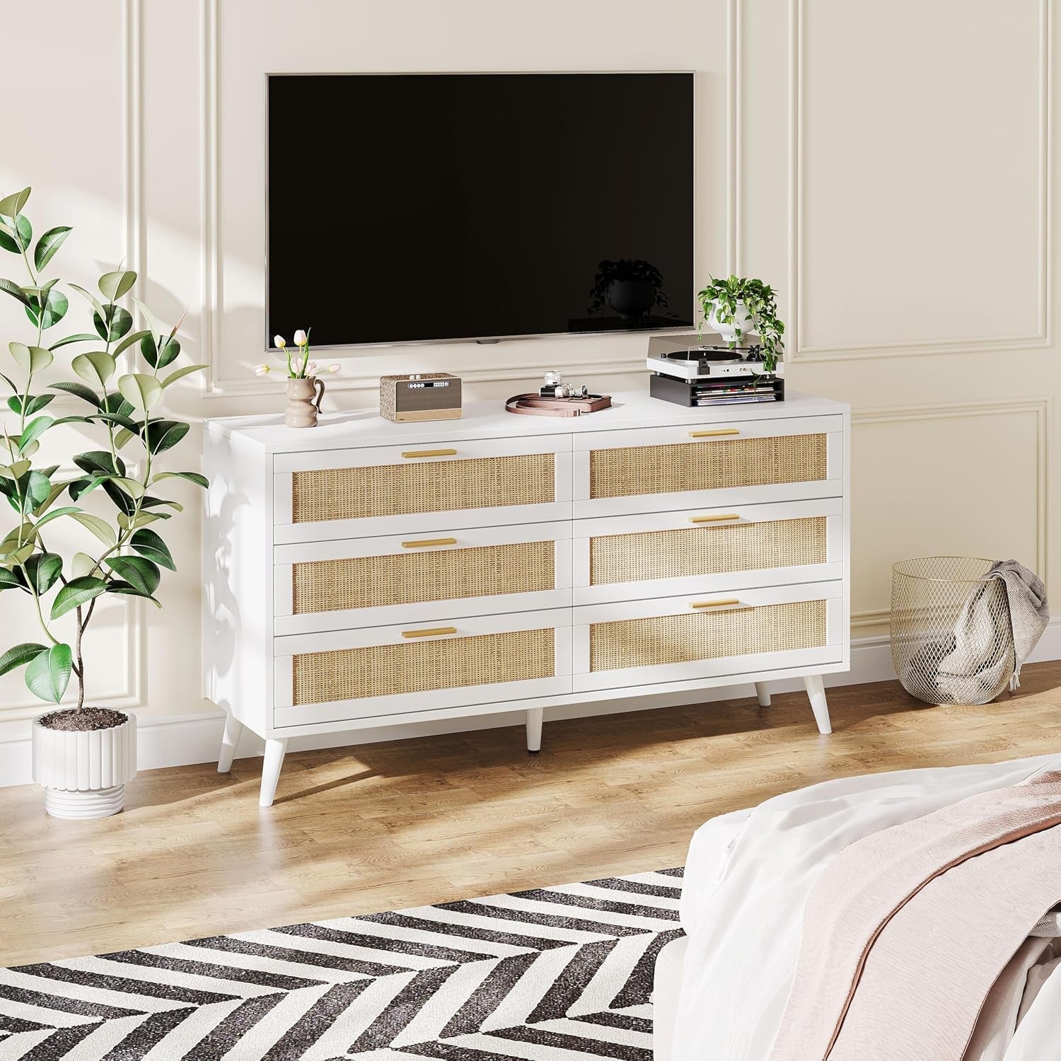 6 Drawer Double Dresser for Bedroom, Rattan Chest of Dressers, Modern Wooden Dresser Chest with Golden Handles, beside Table for Closet, Living Room and Entryway, White and Natural-2