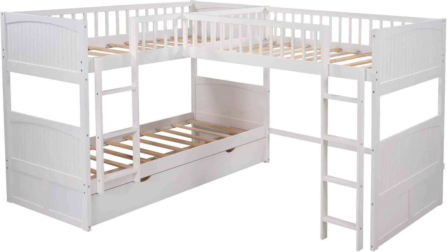 L Shaped Solid Wood Bunk Bed, Twin over Twin over Twin Bed with 2 Drawers and 2 Ladders, Twin Size Bunk Bed with a Loft Bed Attached, White-3