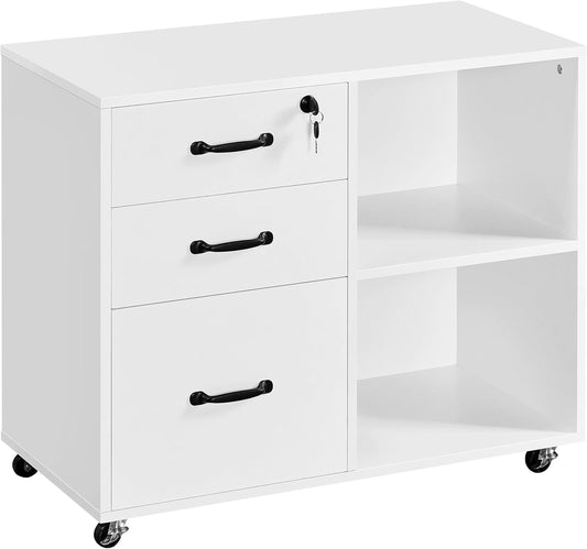 3-Drawer File Cabinet, Mobile Lateral Filing Cabinet Printer Stand with Open Storage Shelves under Desk Organization for Home Office, White-0