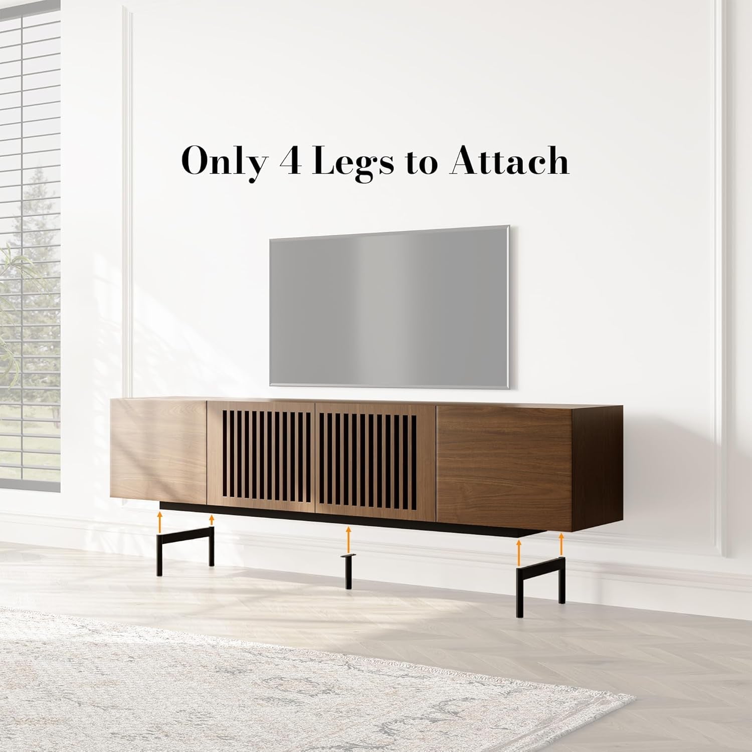 Modern Solid Wood TV Stand, Entertainment Center for 70 75+ Inch TV, Slatted Media Console TV Cabinet with Tall-Cast Metal Legs, Walnut Veneer, Fully-Assembled, 78"-4