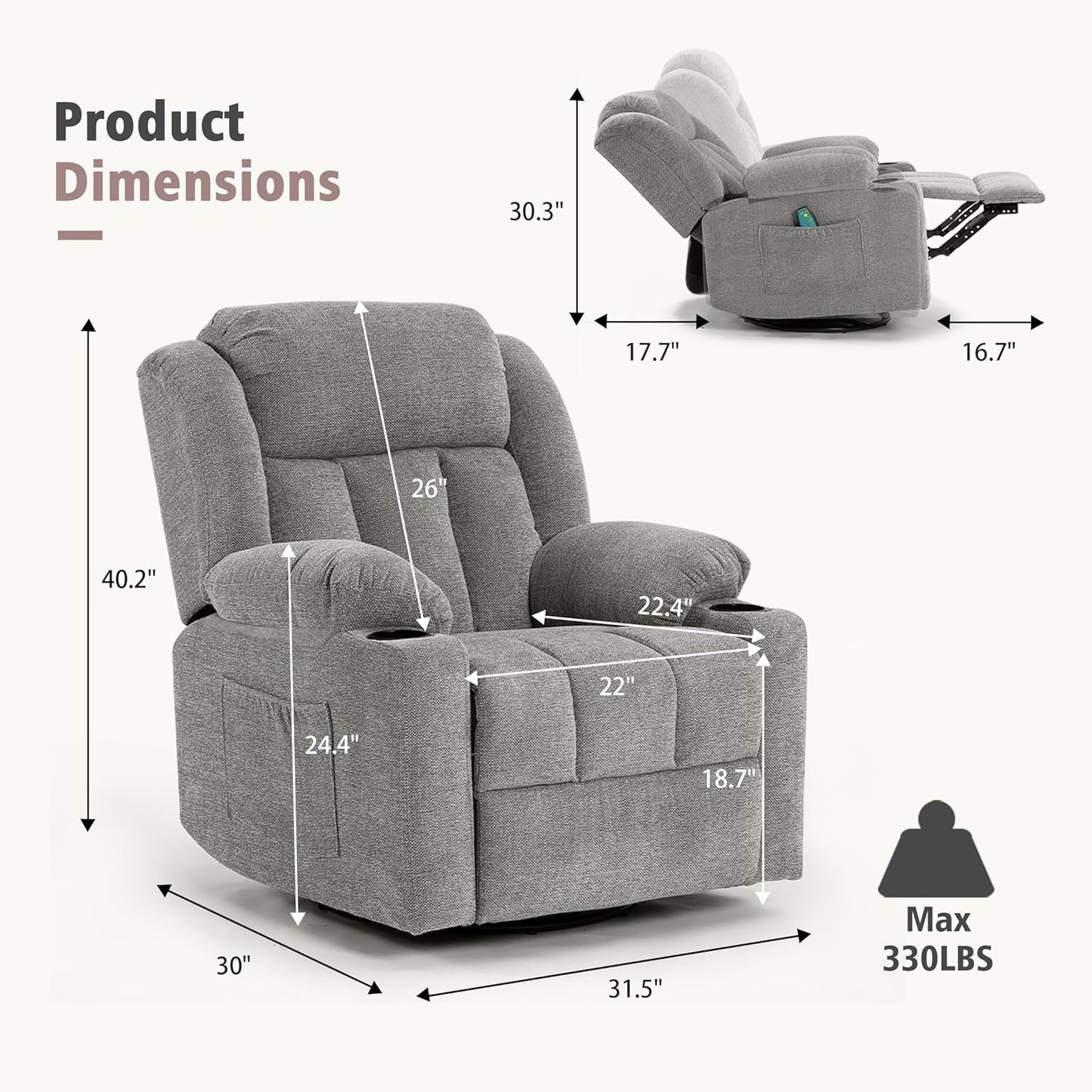 Rocker Swivel Recliner Chair for Adults, Overstuffed Large Manual Recliner Glider with Massage and Heat, Comfy Soft Fabric Living Room Reclining Sofa Chair(Lime Gray)-1