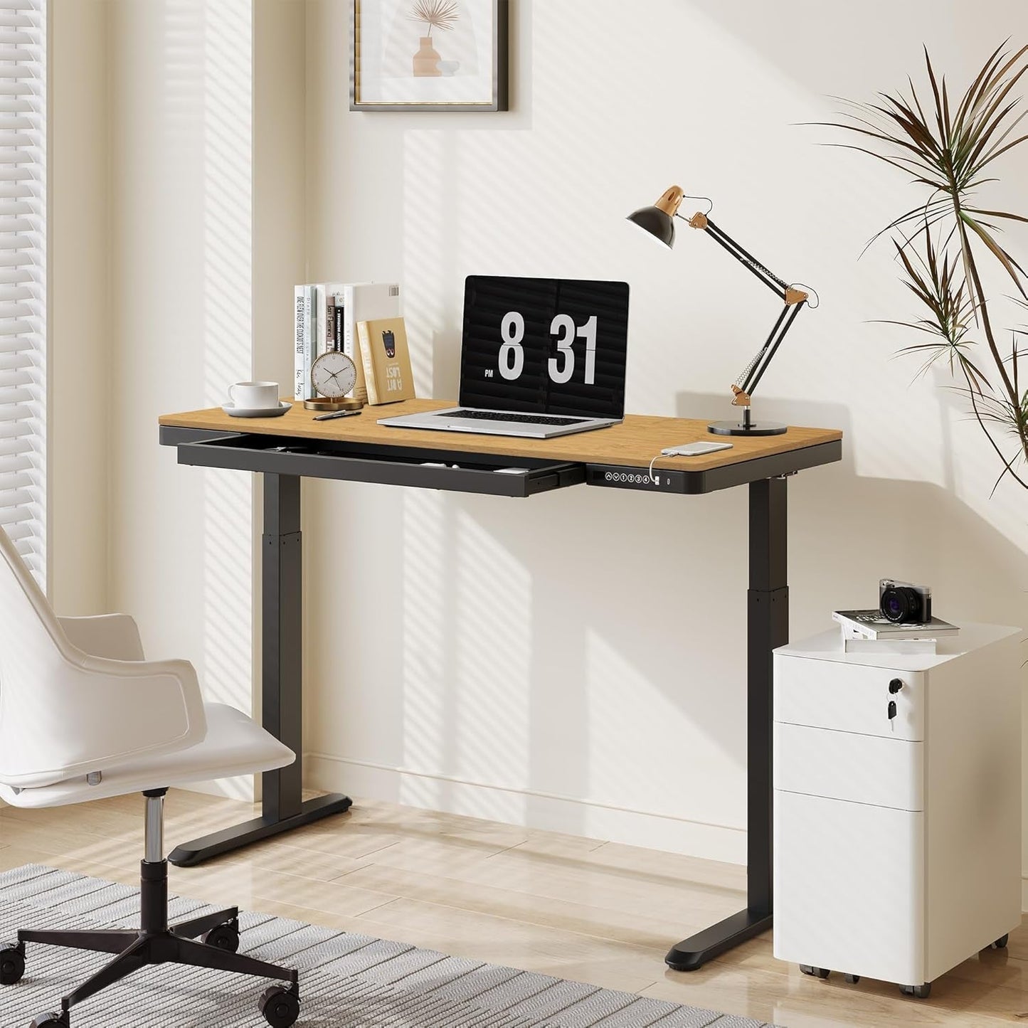 Comhar Electric Standing Desk with Drawer Desktop & Adjustable Frame W/Usb Charge Ports (Bamboo Texture/Black, Wood)-1