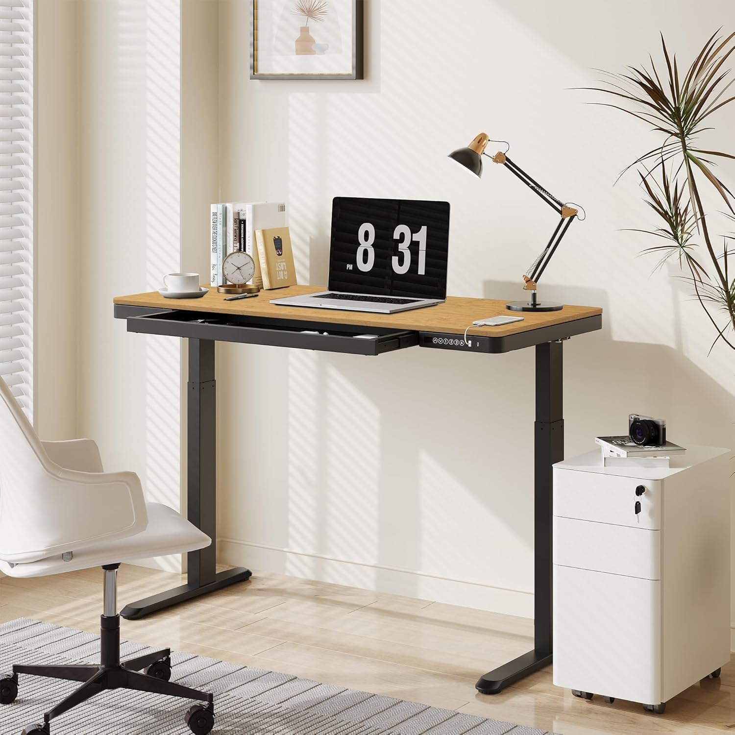 Comhar Electric Standing Desk with Drawer Desktop & Adjustable Frame W/Usb Charge Ports (Bamboo Texture/Black, Wood)-1