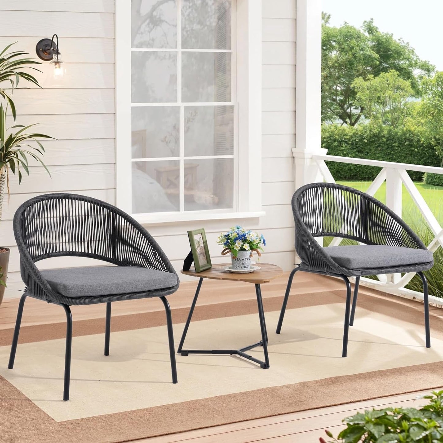 Patio Furniture Set, 3 Piece Outdoor Bistro Chair Conversation Sets Woven Rope with Wood Coffee Table for Yard Backyard Lawn Garden Porch Backyard Deck Poolside Balcony-0