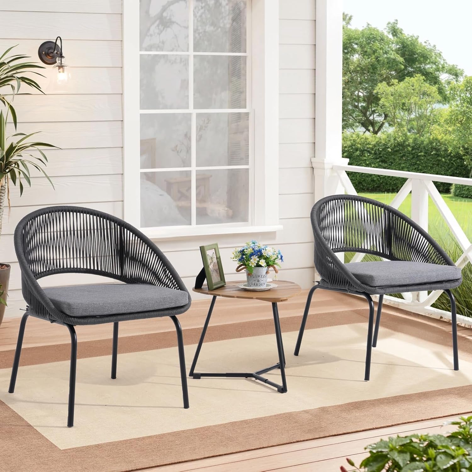 Patio Furniture Set, 3 Piece Outdoor Bistro Chair Conversation Sets Woven Rope with Wood Coffee Table for Yard Backyard Lawn Garden Porch Backyard Deck Poolside Balcony-0