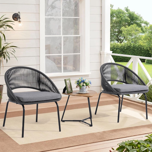 Patio Furniture Set, 3 Piece Outdoor Bistro Chair Conversation Sets Woven Rope with Wood Coffee Table for Yard Backyard Lawn Garden Porch Backyard Deck Poolside Balcony-0