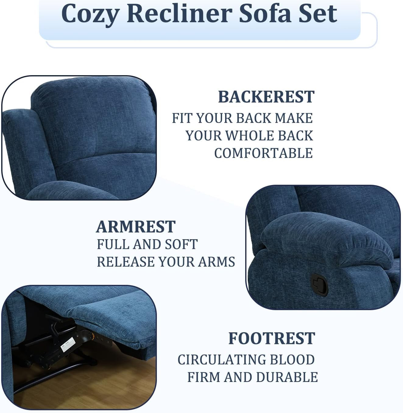 Recliner Sofa Set Living Room Furniture, Microfiber Fabric Reclining Sofa Set, Recliner Couch Set with Cup Holders for Office Home (Sofa and Chair Set, Blue)-2