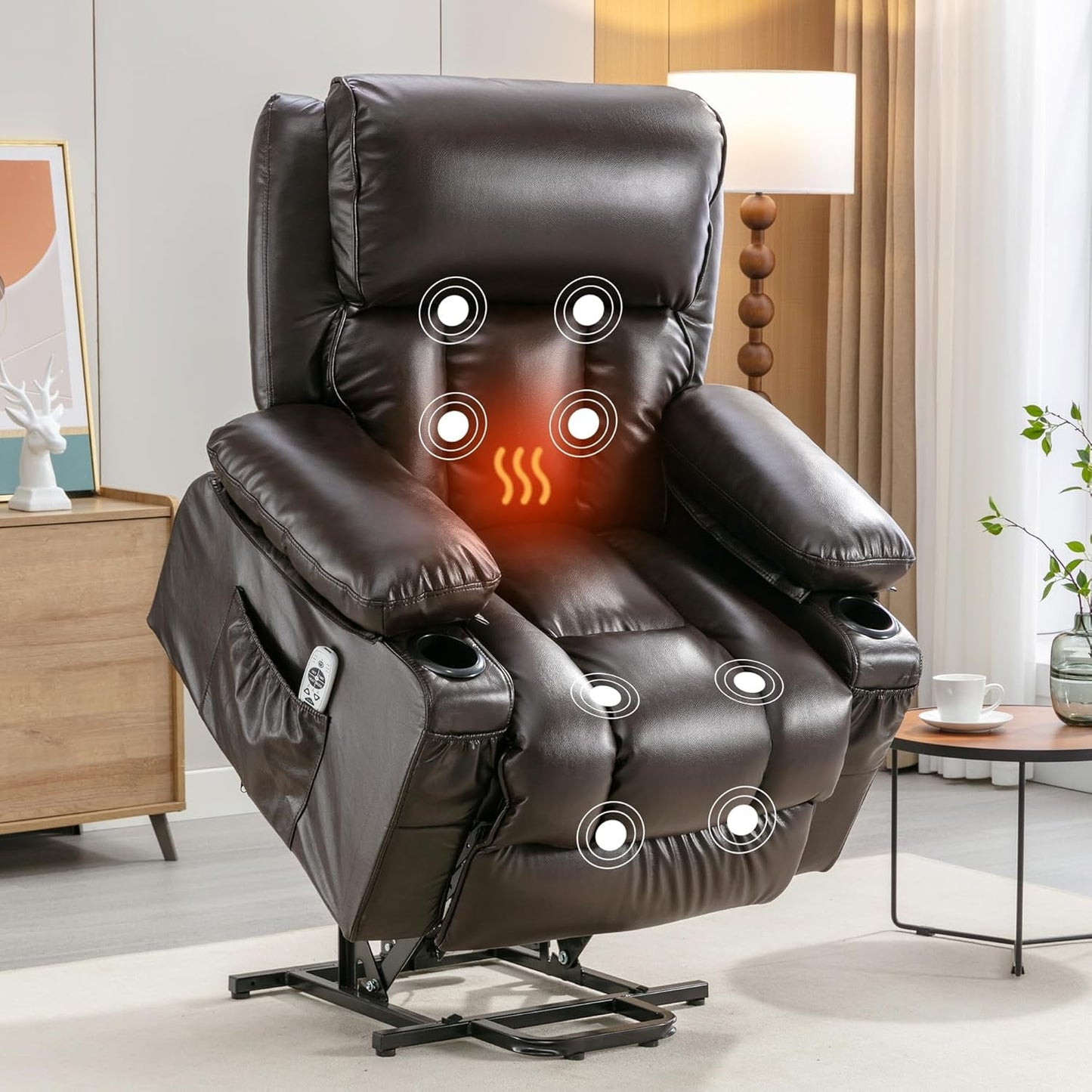 Brown XL Power Lift Recliner Massage Heat Elderly USB-0