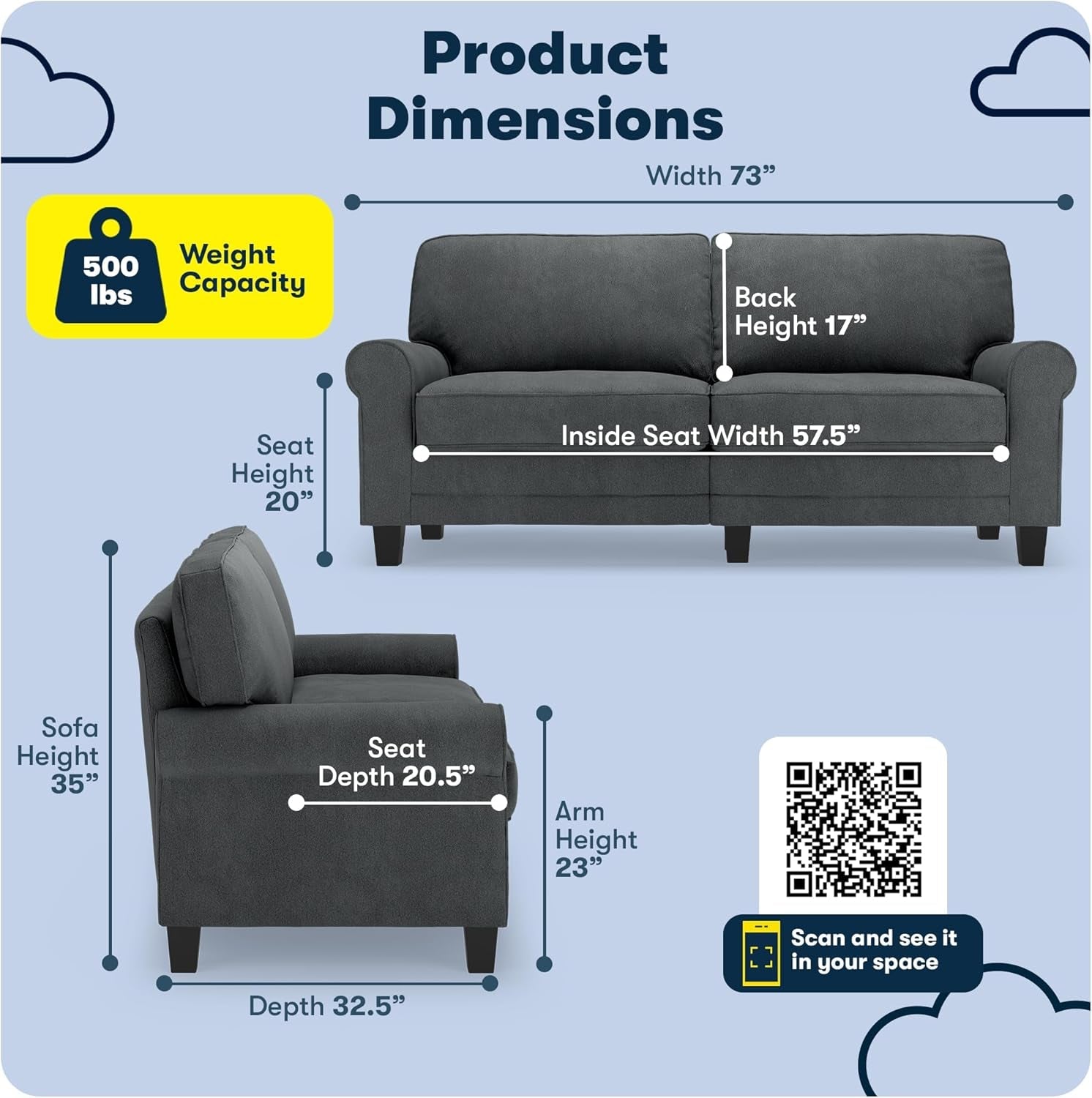 Copenhgen 73" Rolled rm Sof, Esy Cre Polyester, Soft Pillow Bck, Pocket Coil Set Cushions, Removble Covers, Loveset or Couch for Smll Spces, Living Rooms or Bedrooms, Chrcol-1