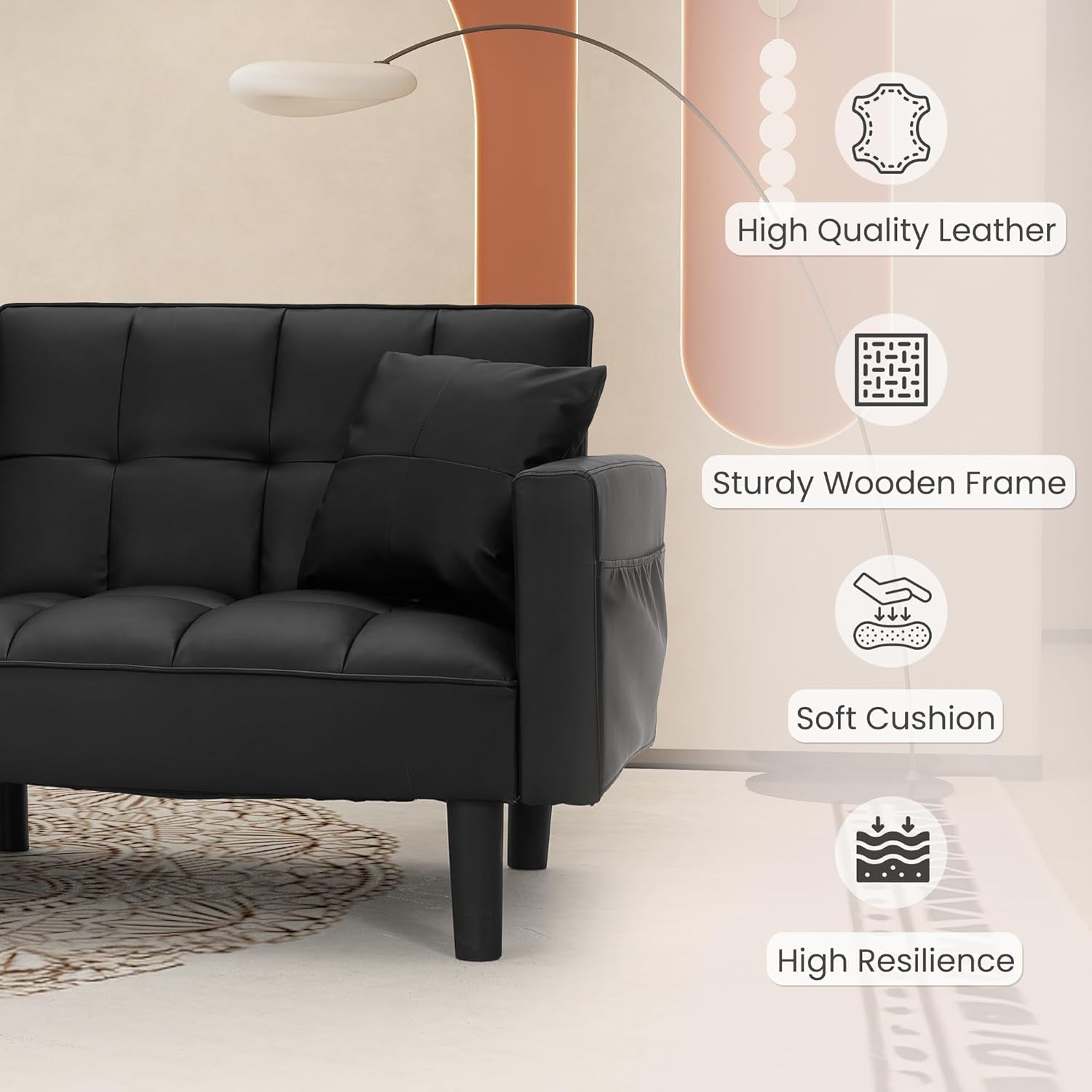 Faux Leather Futon Couch, Convertible Sofa Bed with Adjustable Back, Modern Sleeper Sofa for Living Room, Black-3