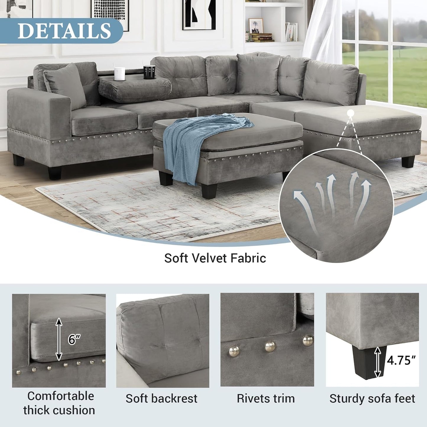 Sectional Sofa Couch with Reversible Chaise and Ottoman, Polyester L-Shape Couch with 2 Pillows and Cup Holder, Sectional Sofas for Living Room (Gray)-3