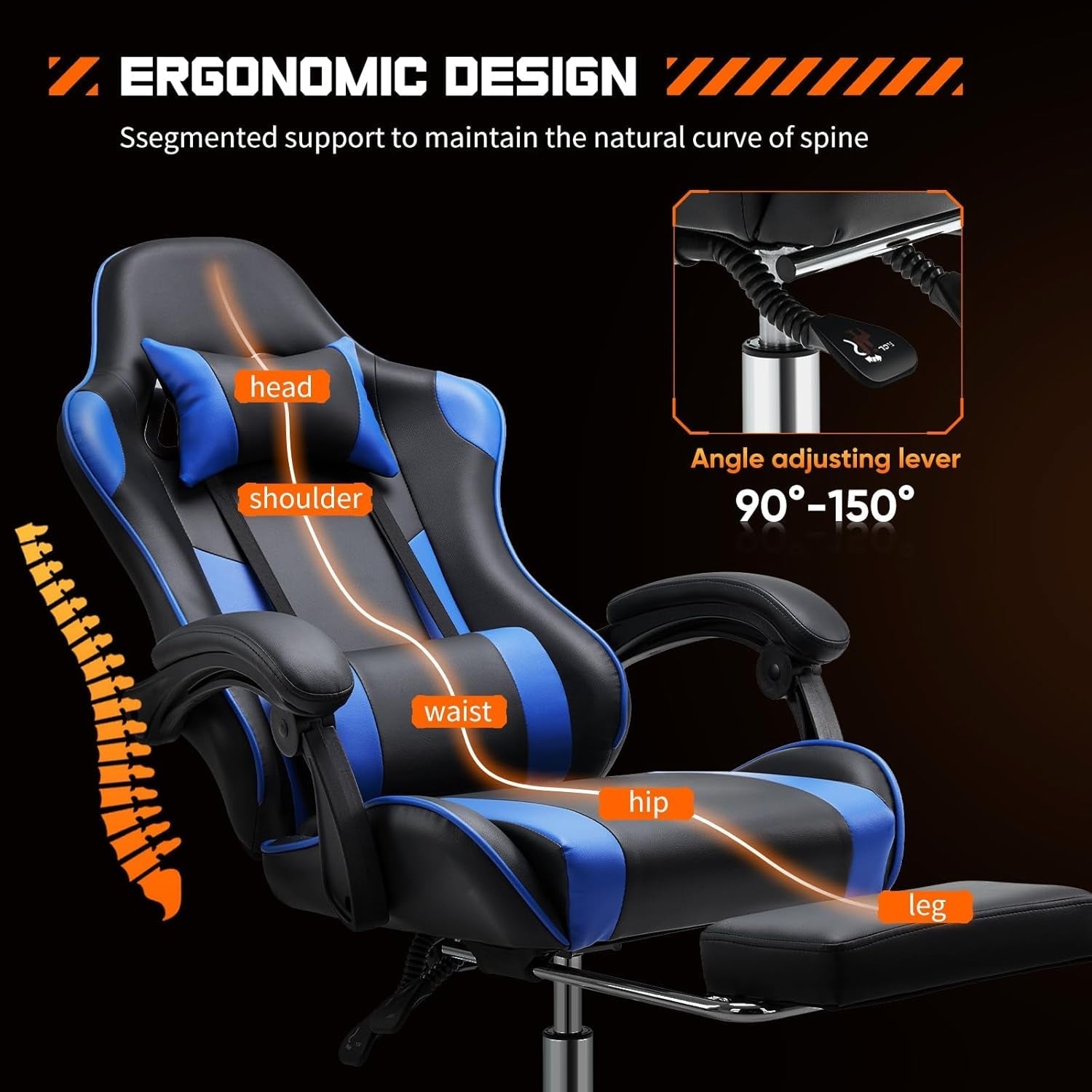 Video Game Desk Chair - Ergonomic Computer with Footrest and Comfy Lumbar Support, PU Leather Recliner with Headrest, Fixed up Armrest, Height Adjustable with 360° Swivel, for Adults, Blue-3