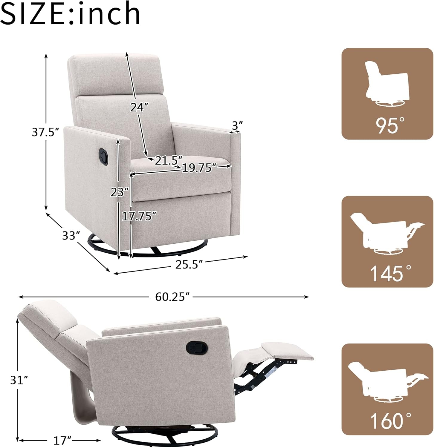 Tan Linen Swivel Rocker Recliner Adjustable Headrest, Nursery-2