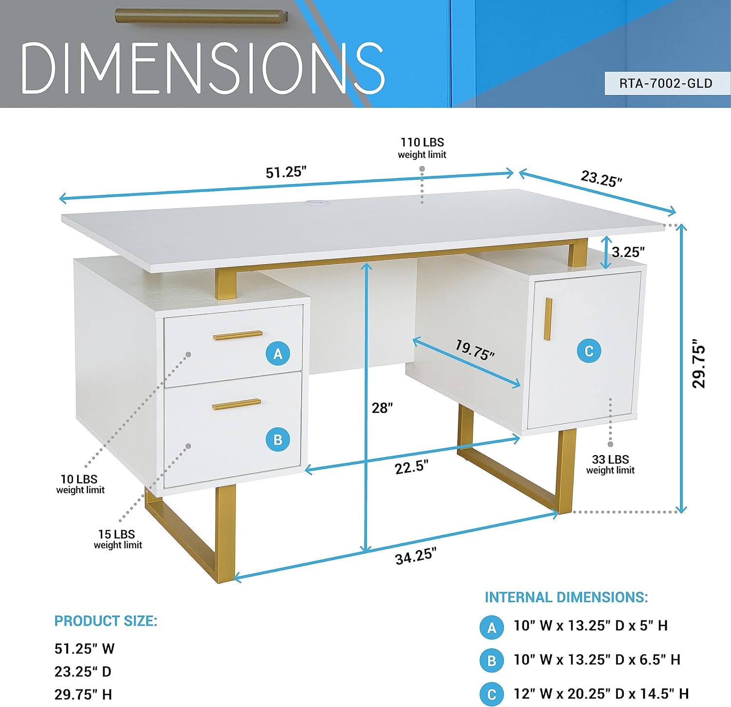 51" White Gold Desk with Storage Cabinet-2